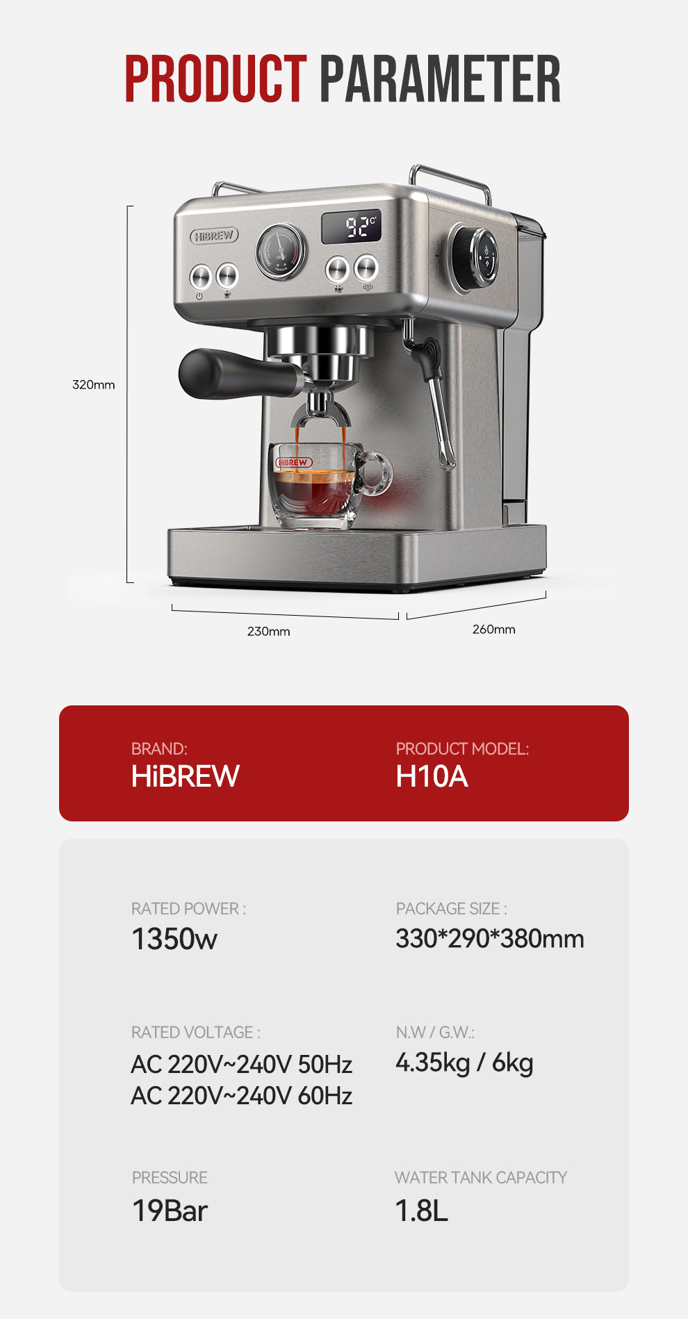HiBREW H10A Semi-Automatic Espresso Machine